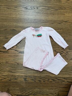 Little English Girl Pink Striped Longall with Christmas Dog Sled Appliqué 24M